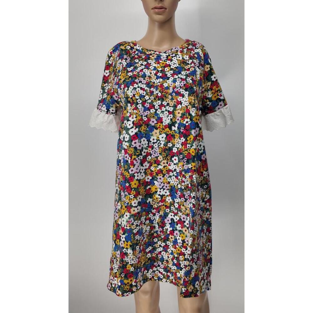 Floral Print Shift Dress with Lace Sleeve Trim Size Medium Comfortable‎ Fit